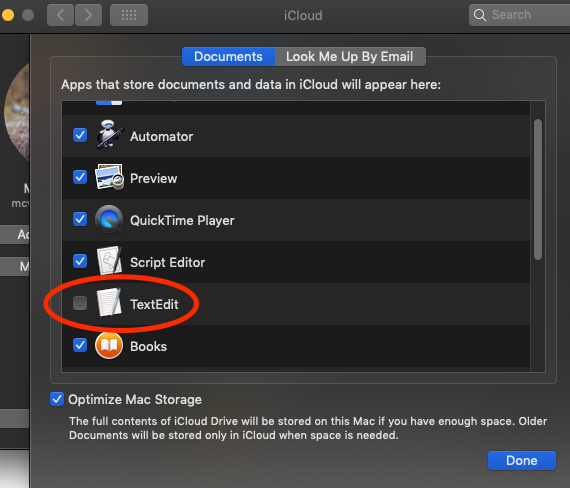 System preferences iCloud TextEdit settings.